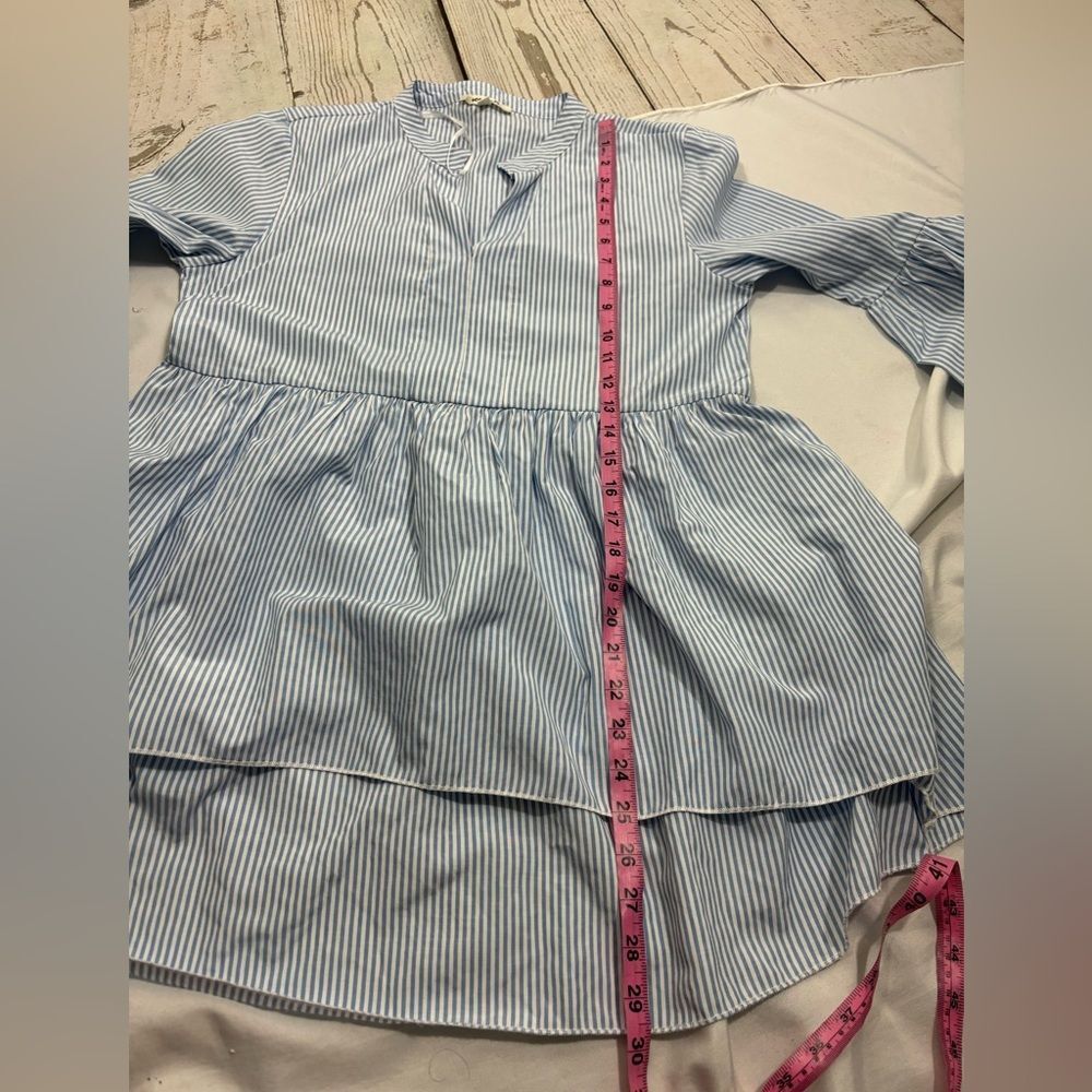 Koton Blouse Shirt Blue White Striped Flounce Sleeve Flared Bottom - Picture 10 of 10